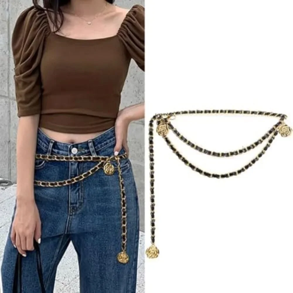 NWT Black and Gold Chain Belt Multilayer w/ Camellia Flower Pendants - Picture 5 of 5
